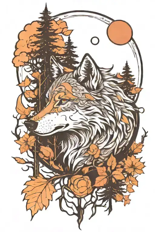 Wolf And Forest Trees Looking With Moon Surrounded