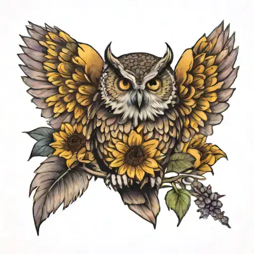 Realism Owl Perched With Sunflower And Lavender