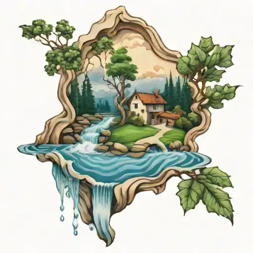 Trompe L'oeil With Landscape And Overflowing Water