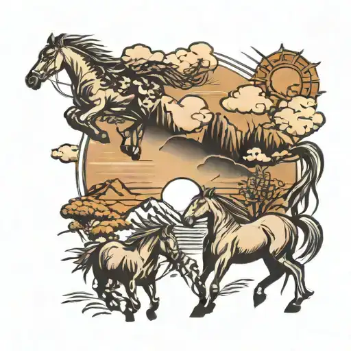Rising Sun With Clouds Surrounding It With Mountains And A Wheat Field And Horses