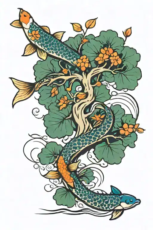 Tree Of Life With Koi Fish Swimming Upstream Symbolizing Perseverance