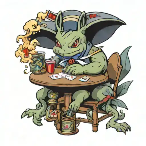 Pokemon Sitting On Table Playing Poker And Smoking Cigar