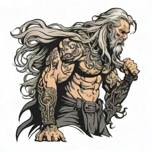 Super Muscled Man Standing With Long Silver Hair And Beard