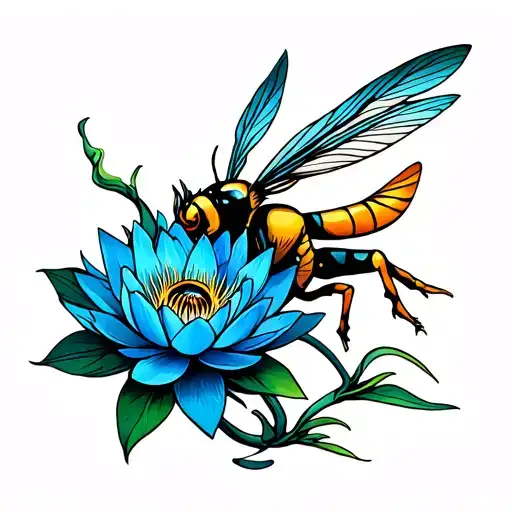 Hornet And Blue Lotus Flower Blooming