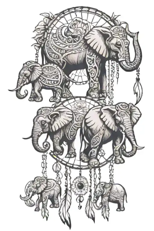 Line Of Elephants Leading One Another Inside A Dream Catcher