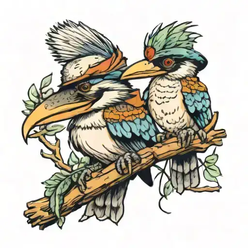 Kookaburra Wearing A Wide Brim Hat Sitting On A Branch With A Frog Next To Him Playing The Banjo