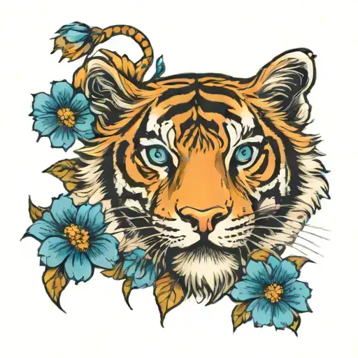 Tiger With Blue Daisy Flowers
