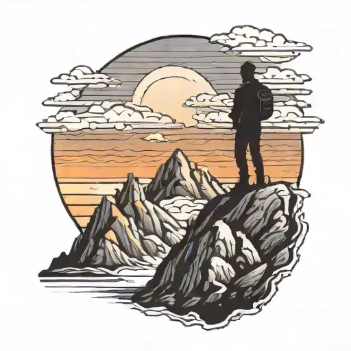 A Silhouette Of A Man On A Mountain Peak With A Sunset In The Background