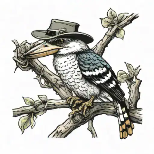 Kookaburra Wearing A Wide Brim Hat Sitting On A Branch With A Frog Next To Him Playing The Banjo