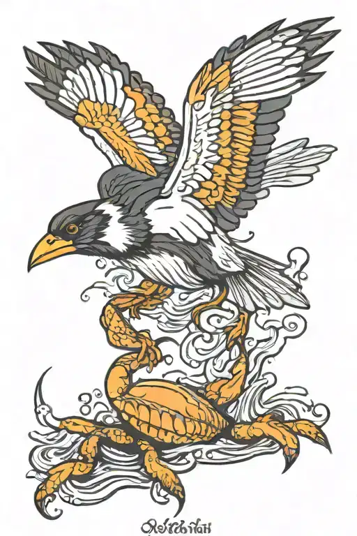 Oriole Bird Flying Over Water Trying To Eat A Crab