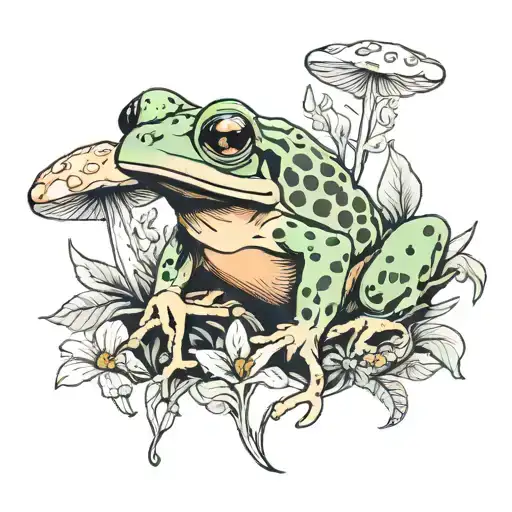Frog With And Mushrooms And Plants
