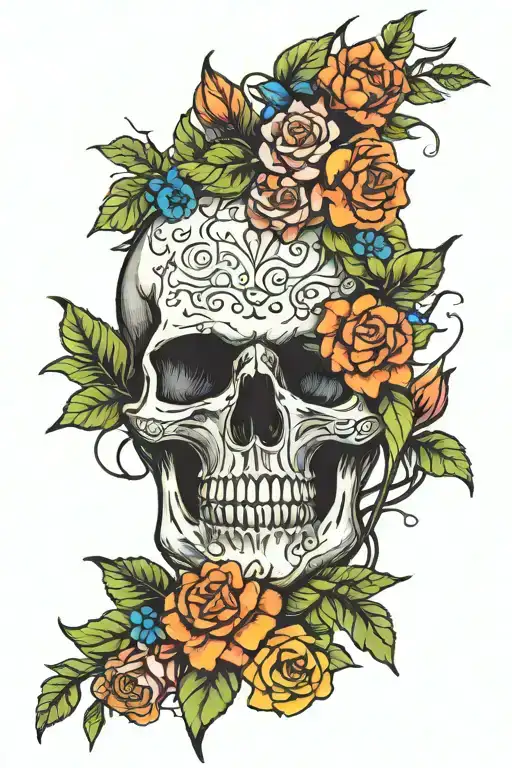 Skull With Neon Colored Flowers Coming Out Of Head