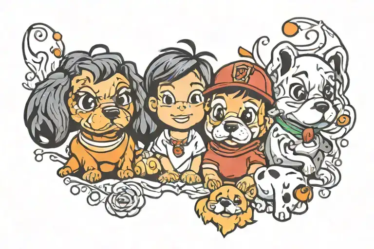 3 Kids And A Dog Cartoon Character Surrounded