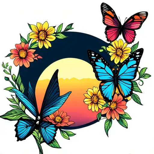 Windmill Sunset Butterflies Flowers