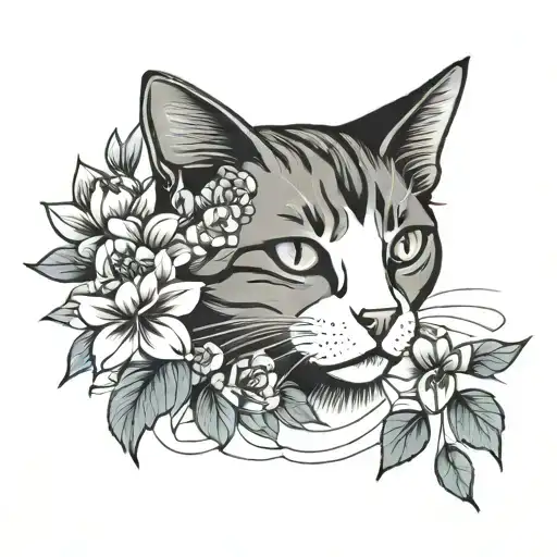 Minimalist Cat And Flowers