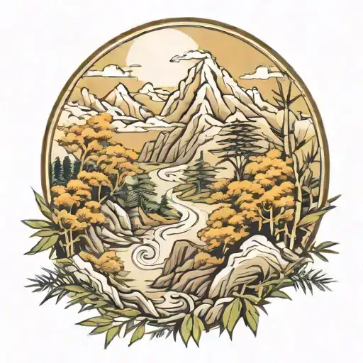 Mountain Scene With Bamboo Tree