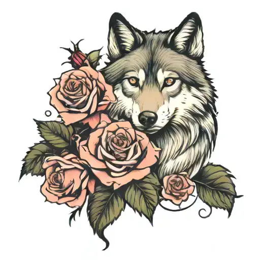 Realistic Wolf And Roses