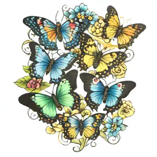 4 Different Coloured Butterflies Linked With Flowers