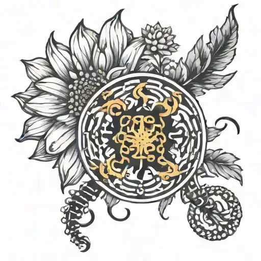 Black And White Incorporating A Chrysthanthemum And The Scorpio Symbol With Line And Dot Work