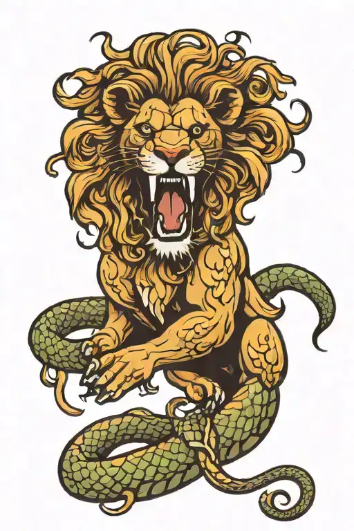 Lion Crushing A Snake