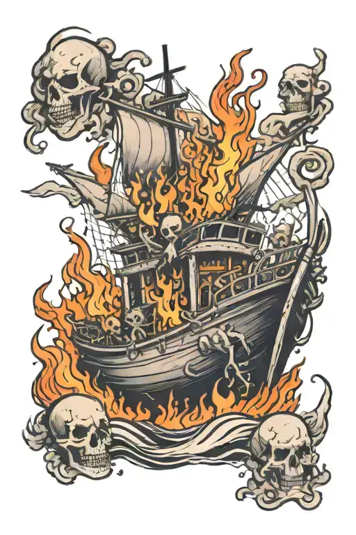 Boat On Fire With Skeletons Jumping Off