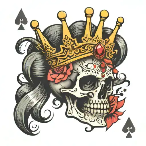 Feminine Skull With Crown Biting Ace Of Spades