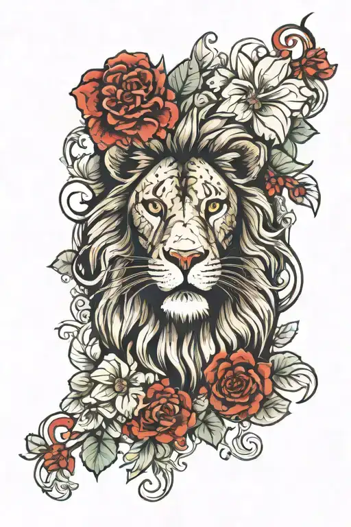 Lion With Geraniums And Ruby Eyes Looking