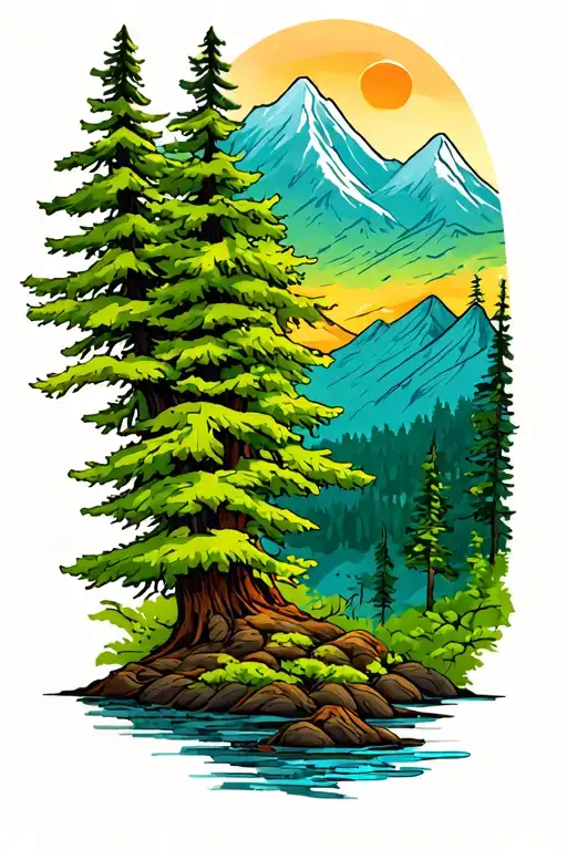 Colorful Trees And Green Mountain Scene