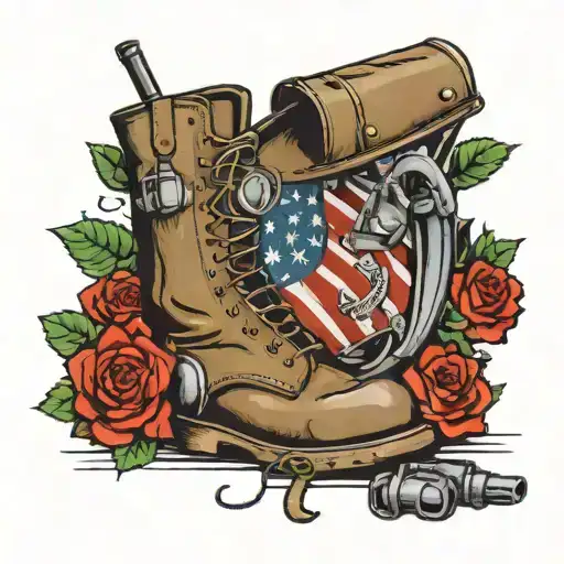 American Soldier Cross Boots Helmet Dog Tags Rifle Flag Roses Rest In Peace