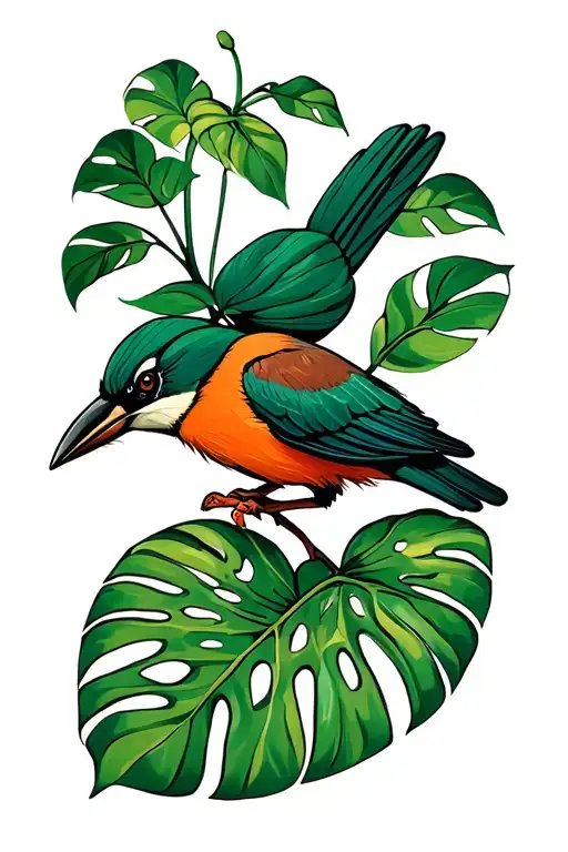 Monstera Leaves And Plants With Bird