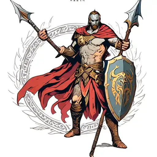 Ares God Of War With Spartan Sheild And A Red Cape And A Spear