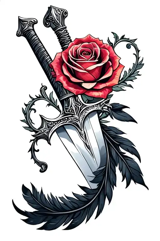 Sword Wrapped In A Rose And Surrounded By Black Feathers
