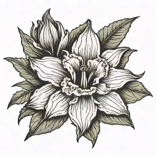 Black And White Daffodil Bud Nestled In Vibrant Tropical Foliage