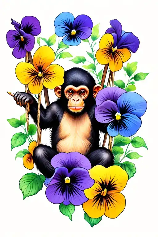 Pansies Surrounding Monkey Swinging