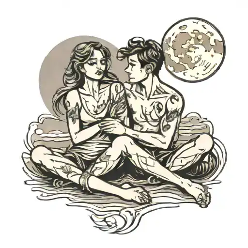 Couple Sitting In Beach Full Moon Night