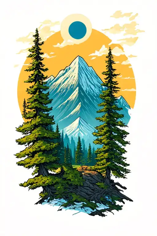 Colored Forearm Mountain And Tree Brances Tattoo