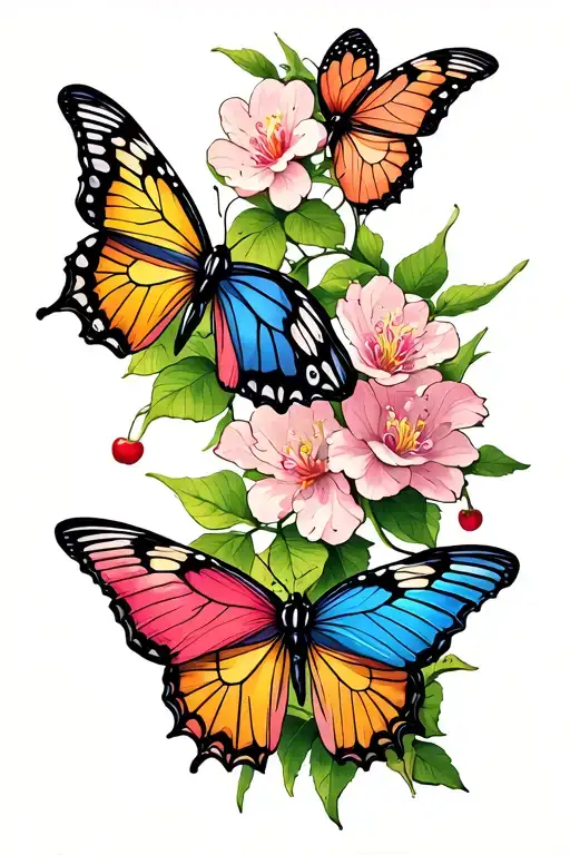 Cherry Blossum Vine And 4 Butterflies