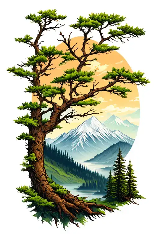 Tree Branches And Mountain Landscape Tattoo