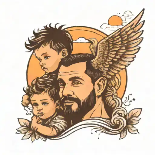 Dad Holding Kid On Shoulders Facing Sunset