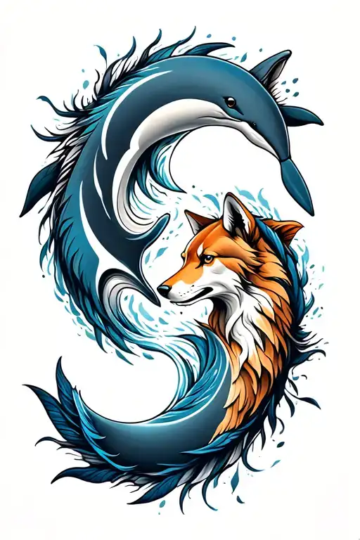 A Neotraditional Design Of A Wolf And Dolphin Circling Each Other In A Yin Yang Formation