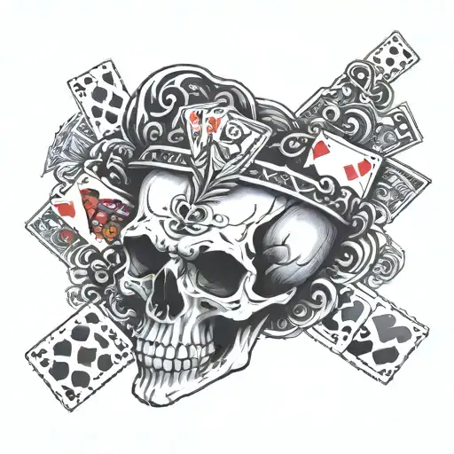 Skull With Playing Cards Underneath Black And White
