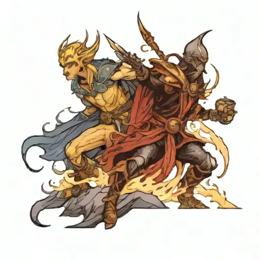 An Elf King Fighting A Dark Lord On A Shadowy Mountain