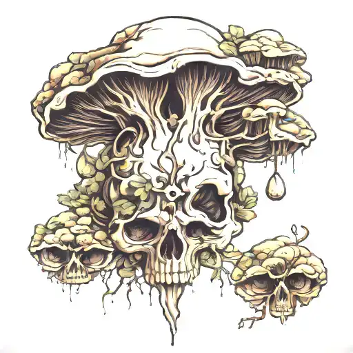 Skull And Mushrooms Growing Roots