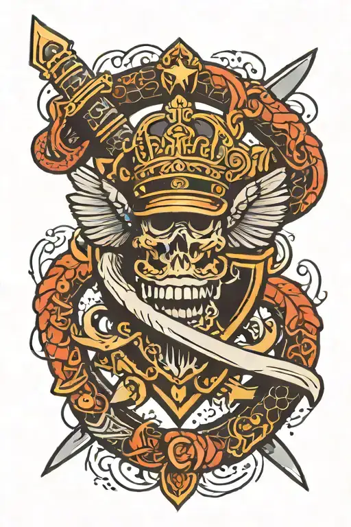 A Neotraditional Style Tattoo Of A Police Badge With Crossed Swords And A Snake Wrapped Around It