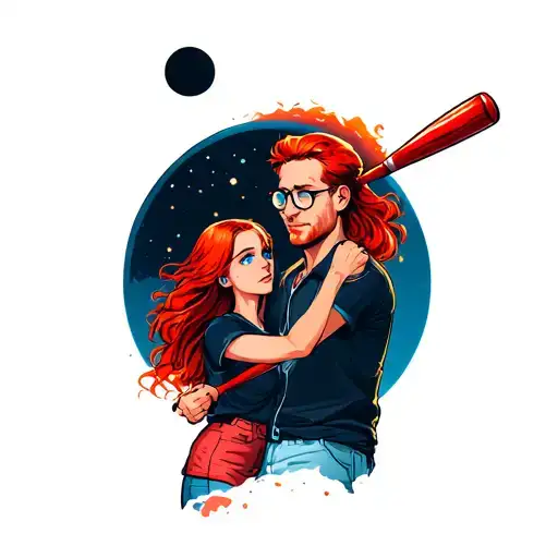 Father And Daughterwith Red Hair And Glasses Playing With A Red Baseball Bat Durring A Solar Eclipse