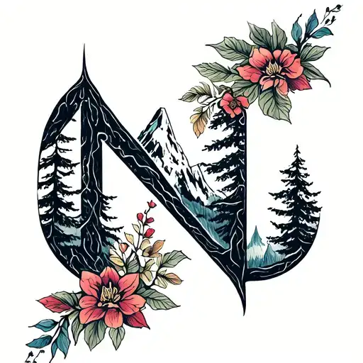 Family And Mountain And Hidden Letter N