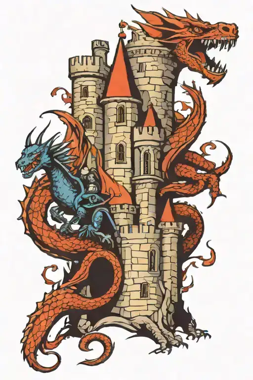 Medieval Castle Guarded By A Dragon Fighting A Knight And Magician