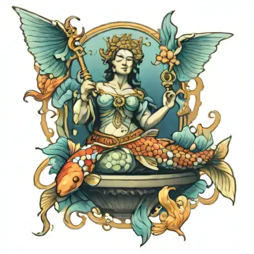 Koi Fish Swimming Around A Statue Of Lady Justice