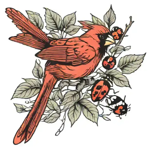 Cardinal On A Branch With Ladybugs Crawling