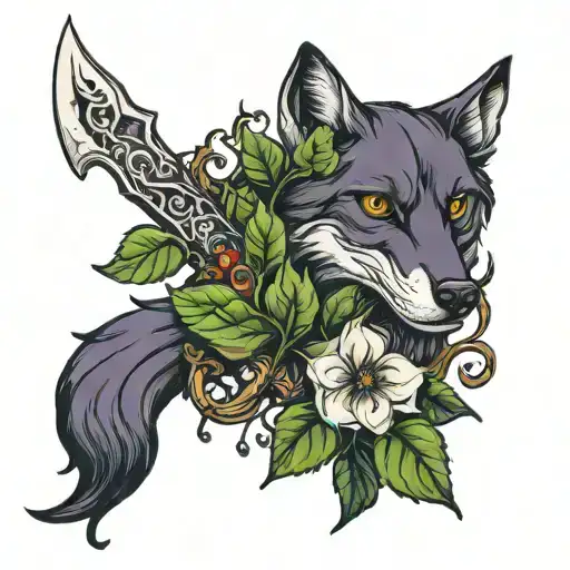 Nightshade Plant Intertwined With A Sword And A Wolf